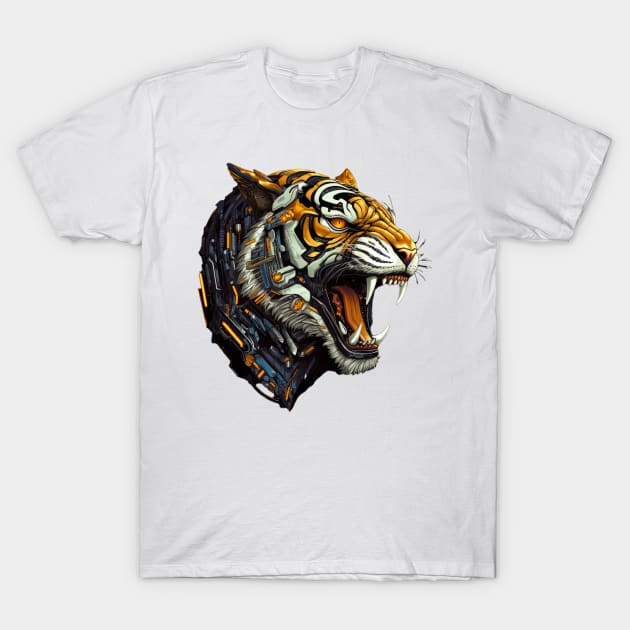 Techno Roar - Close-Up Art of a Roaring Cyborg Tiger T-Shirt by Lematworks